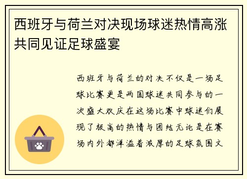 西班牙与荷兰对决现场球迷热情高涨共同见证足球盛宴